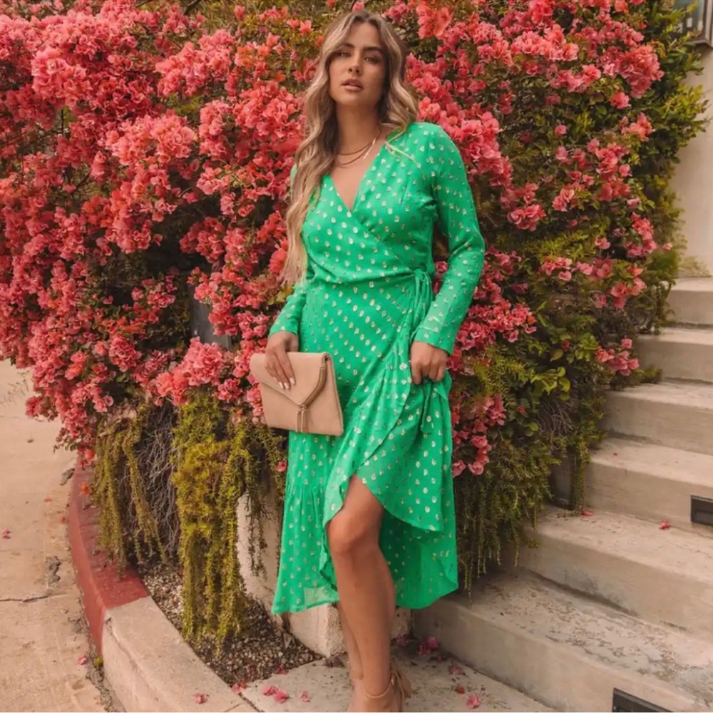NWT Vici Rejoice Green Wrap Dress Gold Spots Sz S Spring Summer Easter Wedding - Picture 4 of 4